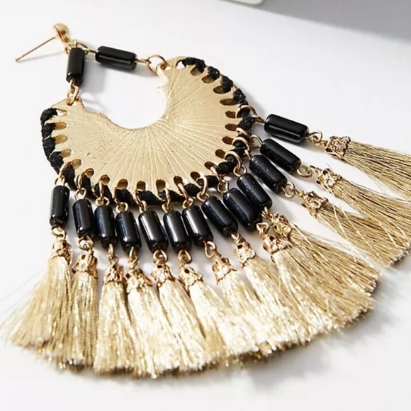 Anthropologie Daria Gold Fringe & Black Bohemian Boho Resin Drop Earrings NWT - Picture 3 of 6